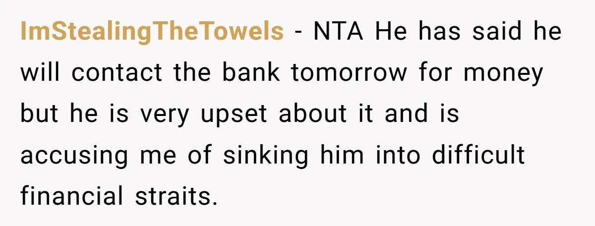 ImStealingTheTowels − NTA He has said he will contact the bank tomorrow for money but he is very upset about it and is accusing me of sinking him into difficult...