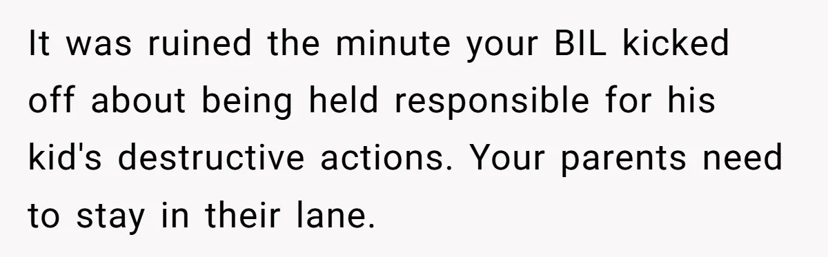 It was ruined the minute your BIL kicked off about being held responsible for his kid's destructive actions. Your parents need to stay in their lane.