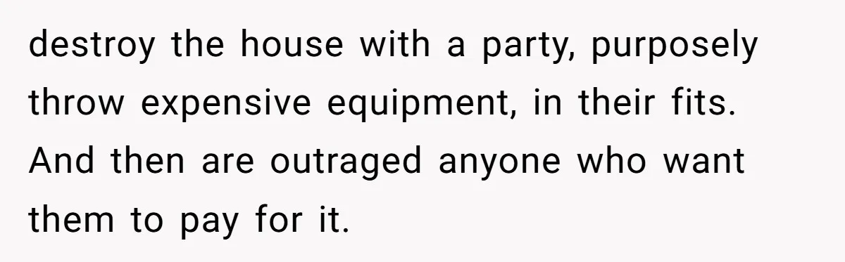 destroy the house with a party, purposely throw expensive equipment, in their fits. And then are outraged anyone who want them to pay for it.