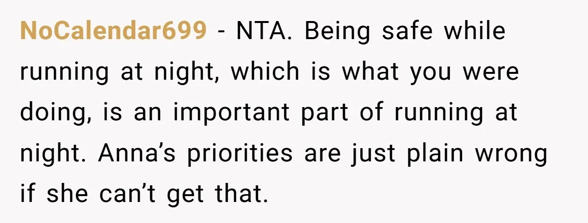 NoCalendar699 − NTA. Being safe while running at night, which is what you were doing, is an important part of running at night. Anna’s priorities are just plain wrong if...
