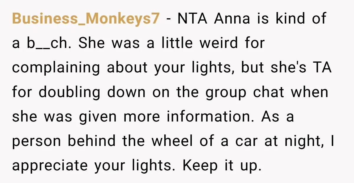 Business_Monkeys7 − NTA Anna is kind of a b__ch. She was a little weird for complaining about your lights, but she's TA for doubling down on the group chat when...