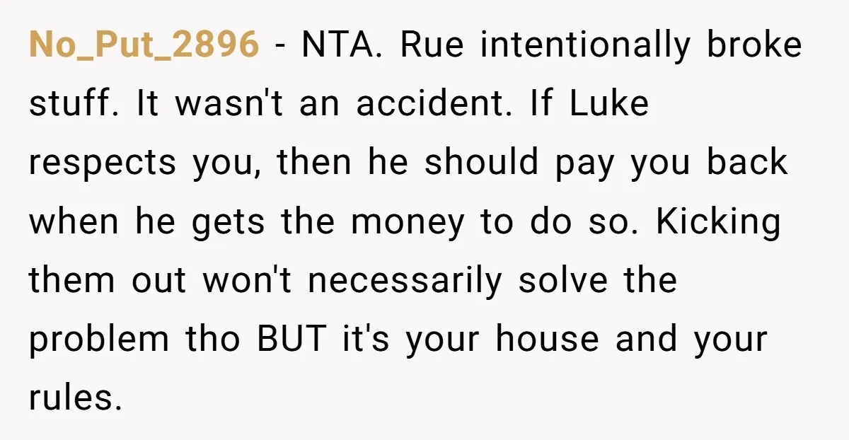 No_Put_2896 − NTA. Rue intentionally broke stuff. It wasn't an accident. If Luke respects you, then he should pay you back when he gets the money to do so. Kicking...
