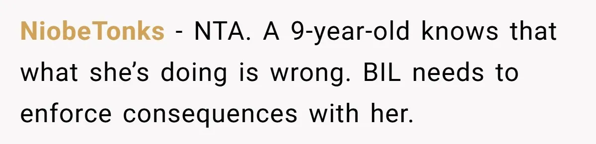 NiobeTonks − NTA. A 9-year-old knows that what she’s doing is wrong. BIL needs to enforce consequences with her.