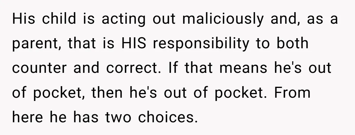 His child is acting out maliciously and, as a parent, that is HIS responsibility to both counter and correct. If that means he's out of pocket, then he's out of...