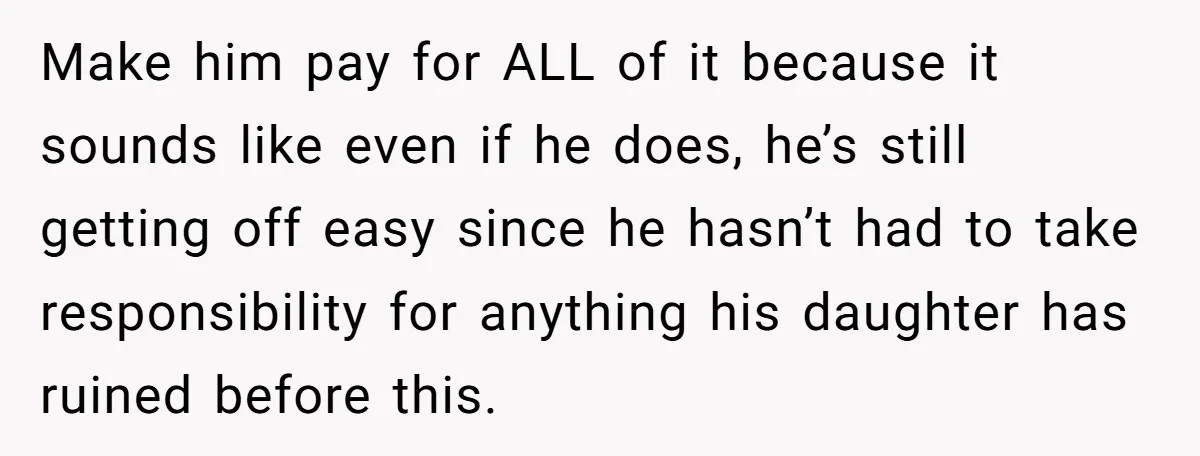 Make him pay for ALL of it because it sounds like even if he does, he’s still getting off easy since he hasn’t had to take responsibility for anything his...