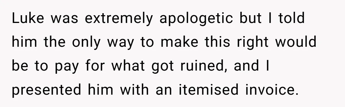 Luke was extremely apologetic but I told him the only way to make this right would be to pay for what got ruined, and I presented him with an itemised...