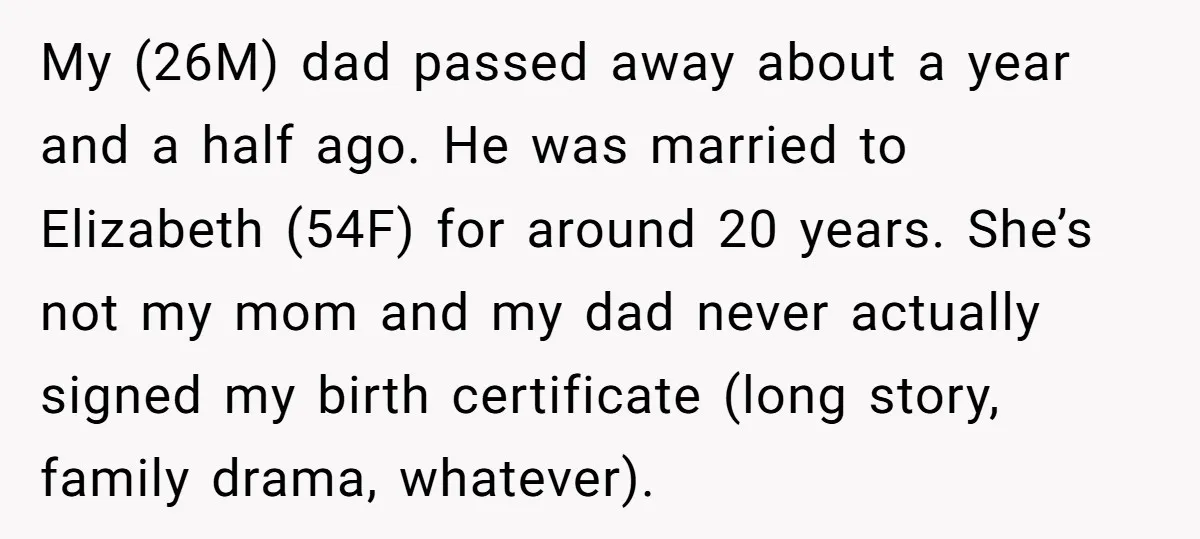 My (26M) dad passed away about a year and a half ago. He was married to Elizabeth (54F) for around 20 years. She’s not my mom and my dad never...