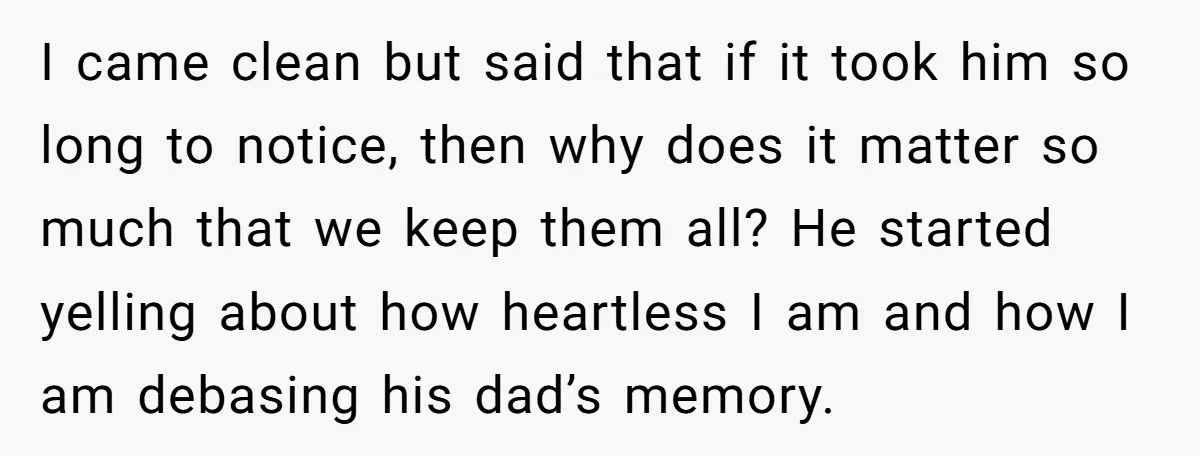 I came clean but said that if it took him so long to notice, then why does it matter so much that we keep them all? He started yelling about...