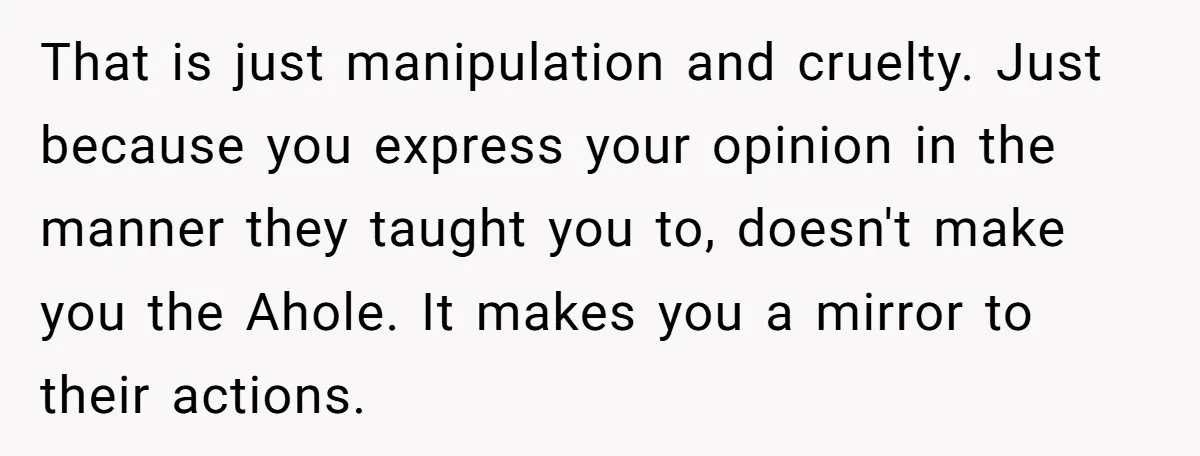 That is just manipulation and cruelty. Just because you express your opinion in the manner they taught you to, doesn't make you the Ahole. It makes you a mirror to...