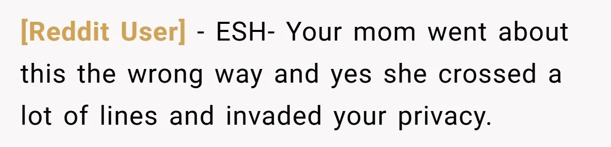 [Reddit User] − ESH- Your mom went about this the wrong way and yes she crossed a lot of lines and invaded your privacy.