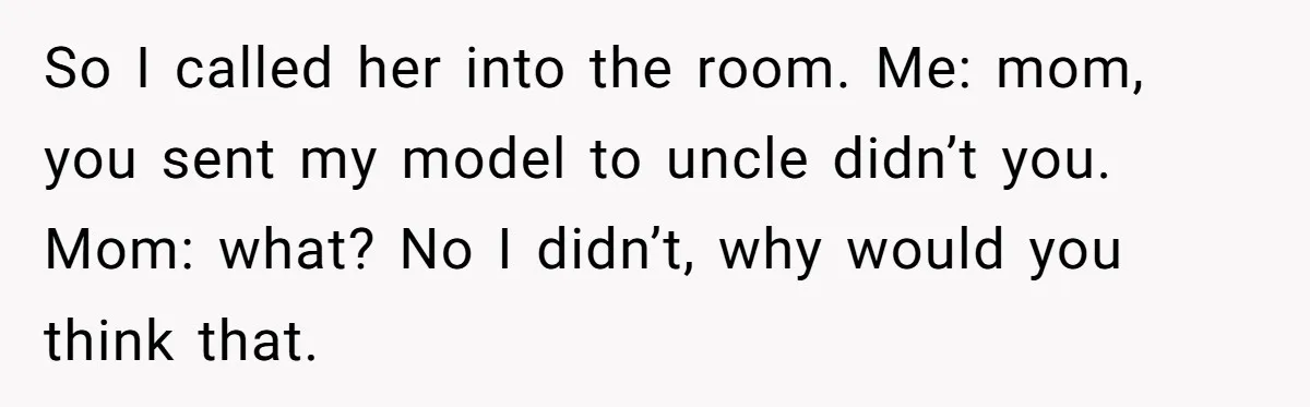 So I called her into the room. Me: mom, you sent my model to uncle didn’t you. Mom: what? No I didn’t, why would you think that.