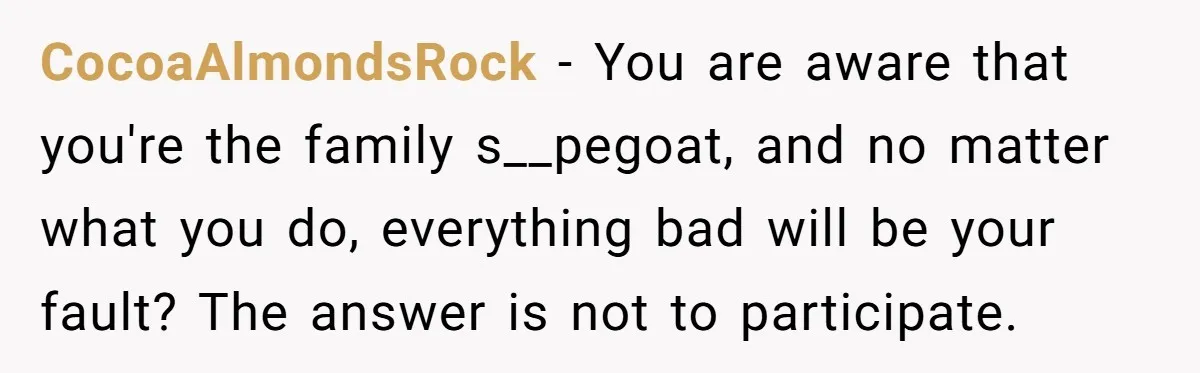 CocoaAlmondsRock − You are aware that you're the family s__pegoat, and no matter what you do, everything bad will be your fault? The answer is not to participate.