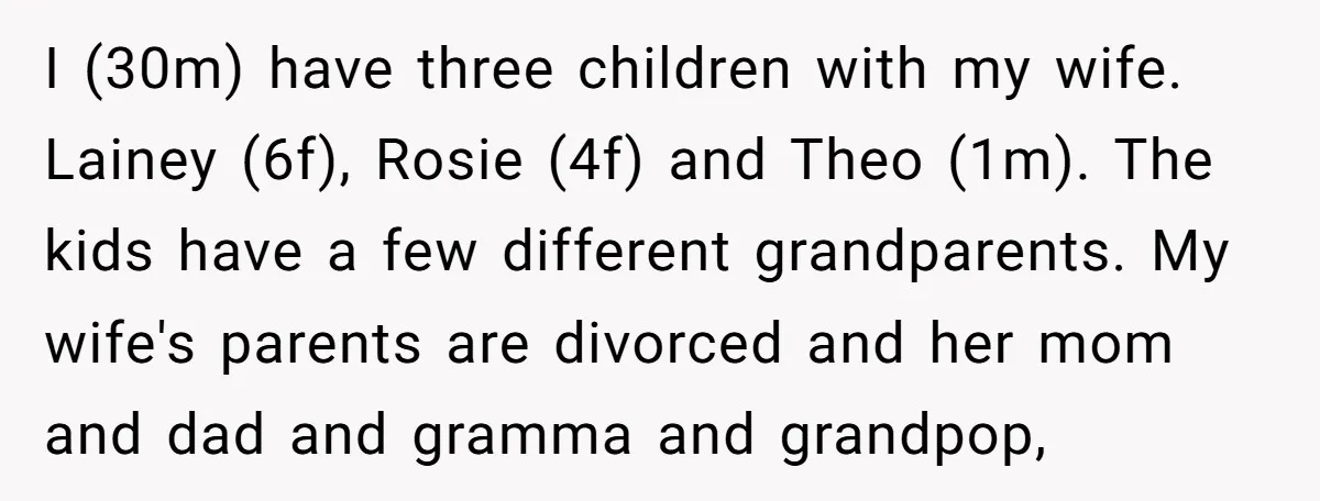 I (30m) have three children with my wife. Lainey (6f), Rosie (4f) and Theo (1m). The kids have a few different grandparents. My wife's parents are divorced and her mom...