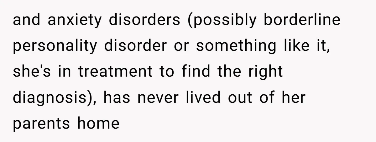 and anxiety disorders (possibly borderline personality disorder or something like it, she's in treatment to find the right diagnosis), has never lived out of her parents home