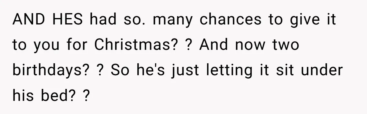 AND HES had so. many chances to give it to you for Christmas? ? And now two birthdays? ? So he's just letting it sit under his bed? ?