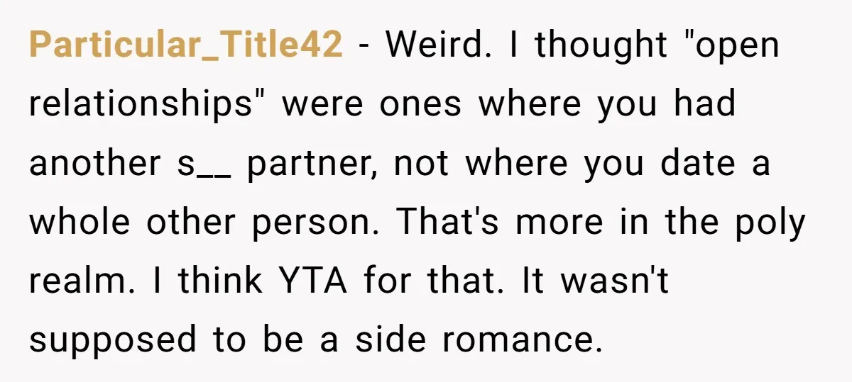 Particular_Title42 − Weird. I thought "open relationships" were ones where you had another s__ partner, not where you date a whole other person. That's more in the poly realm. I...