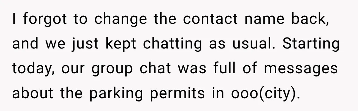 I forgot to change the contact name back, and we just kept chatting as usual. Starting today, our group chat was full of messages about the parking permits in ooo(city).