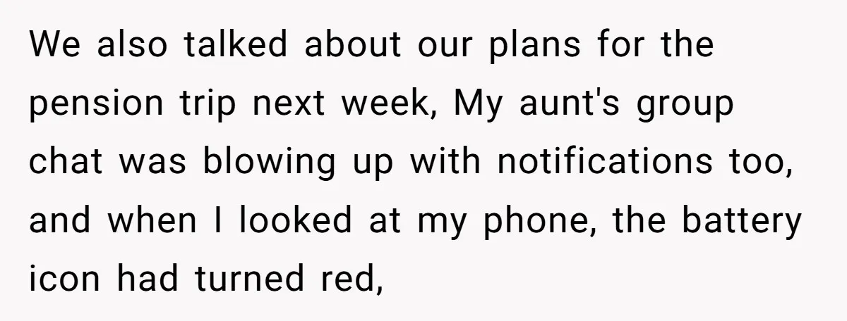 We also talked about our plans for the pension trip next week, My aunt's group chat was blowing up with notifications too, and when I looked at my phone, the...