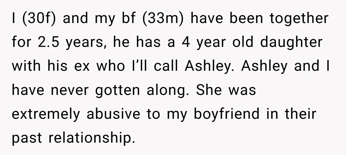 I (30f) and my bf (33m) have been together for 2.5 years, he has a 4 year old daughter with his ex who I’ll call Ashley. Ashley and I have...