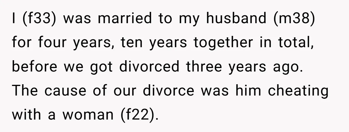 I (f33) was married to my husband (m38) for four years, ten years together in total, before we got divorced three years ago. The cause of our divorce was him...