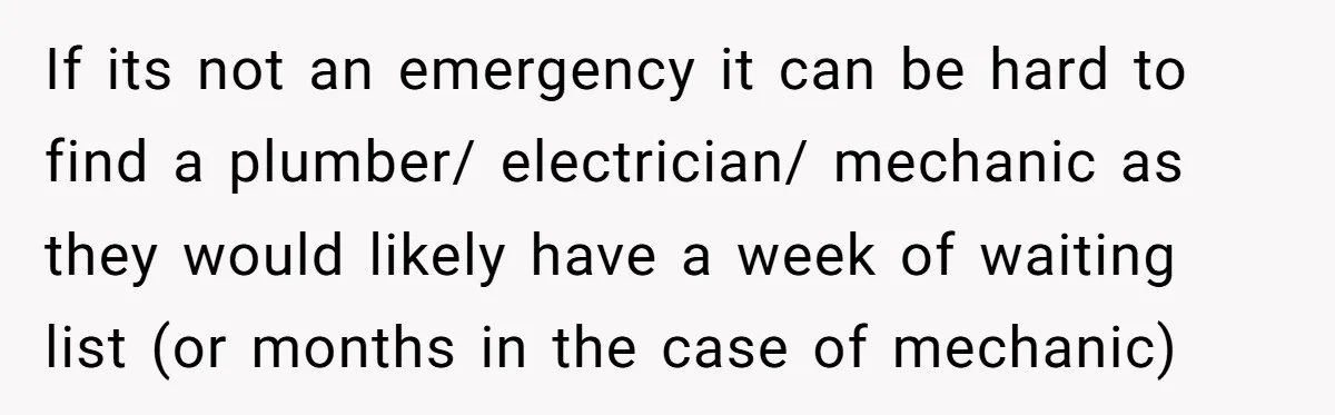 If its not an emergency it can be hard to find a plumber/ electrician/ mechanic as they would likely have a week of waiting list (or months in the case...