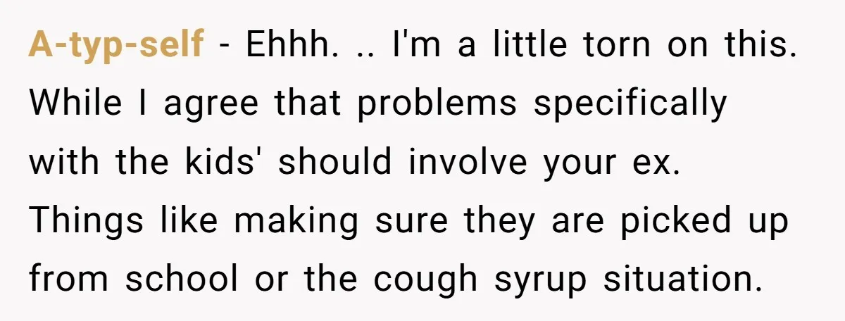 A-typ-self − Ehhh. .. I'm a little torn on this. While I agree that problems specifically with the kids' should involve your ex. Things like making sure they are picked...