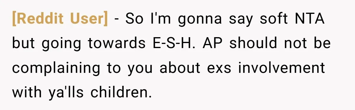 [Reddit User] − So I'm gonna say soft NTA but going towards E-S-H. AP should not be complaining to you about exs involvement with ya'lls children.