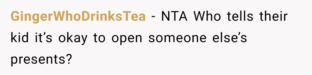GingerWhoDrinksTea − NTA Who tells their kid it’s okay to open someone else’s presents?
