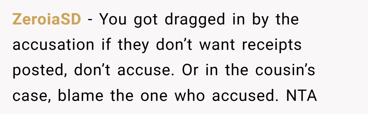 ZeroiaSD - You got dragged in by the accusation if they don’t want receipts posted, don’t accuse. Or in the cousin’s case, blame the one who accused. NTA