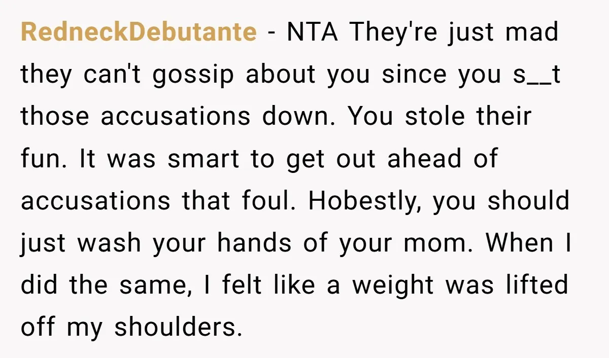RedneckDebutante - NTA They're just mad they can't gossip about you since you s__t those accusations down. You stole their fun. It was smart to get out ahead of accusations...