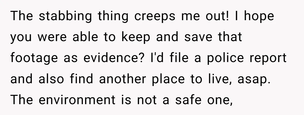 The stabbing thing creeps me out! I hope you were able to keep and save that footage as evidence? I'd file a police report and also find another place to...