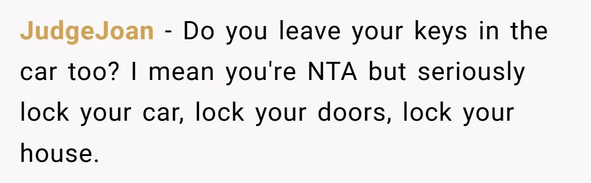 JudgeJoan − Do you leave your keys in the car too? I mean you're NTA but seriously lock your car, lock your doors, lock your house.