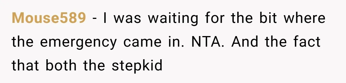 Mouse589 − I was waiting for the bit where the emergency came in. NTA. And the fact that both the stepkid