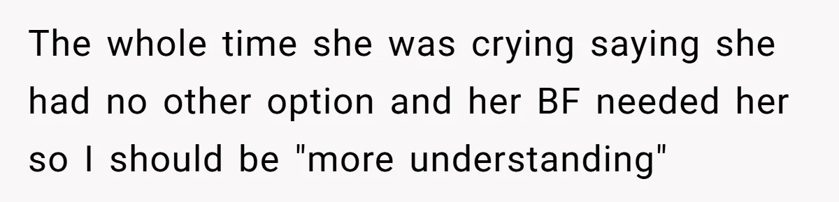 The whole time she was crying saying she had no other option and her BF needed her so I should be "more understanding"