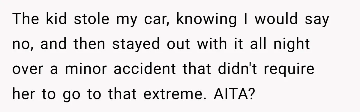 The kid stole my car, knowing I would say no, and then stayed out with it all night over a minor accident that didn't require her to go to that...