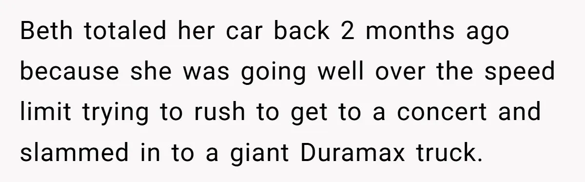 Beth totaled her car back 2 months ago because she was going well over the speed limit trying to rush to get to a concert and slammed in to a...