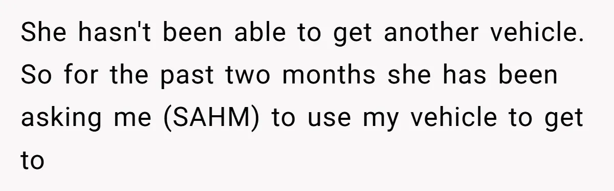 She hasn't been able to get another vehicle. So for the past two months she has been asking me (SAHM) to use my vehicle to get to