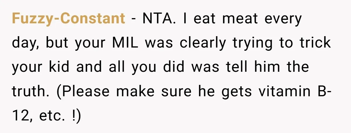 Fuzzy-Constant - NTA. I eat meat every day, but your MIL was clearly trying to trick your kid and all you did was tell him the truth. (Please make sure...