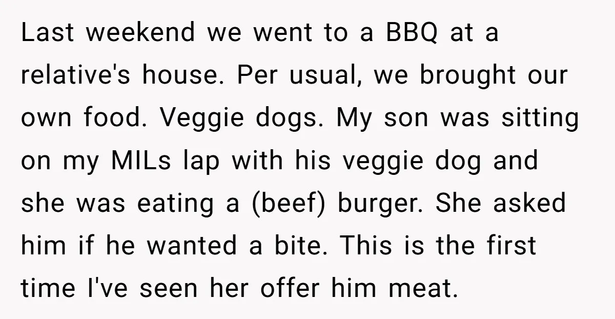 Last weekend we went to a BBQ at a relative's house. Per usual, we brought our own food. Veggie dogs. My son was sitting on my MILs lap with his...