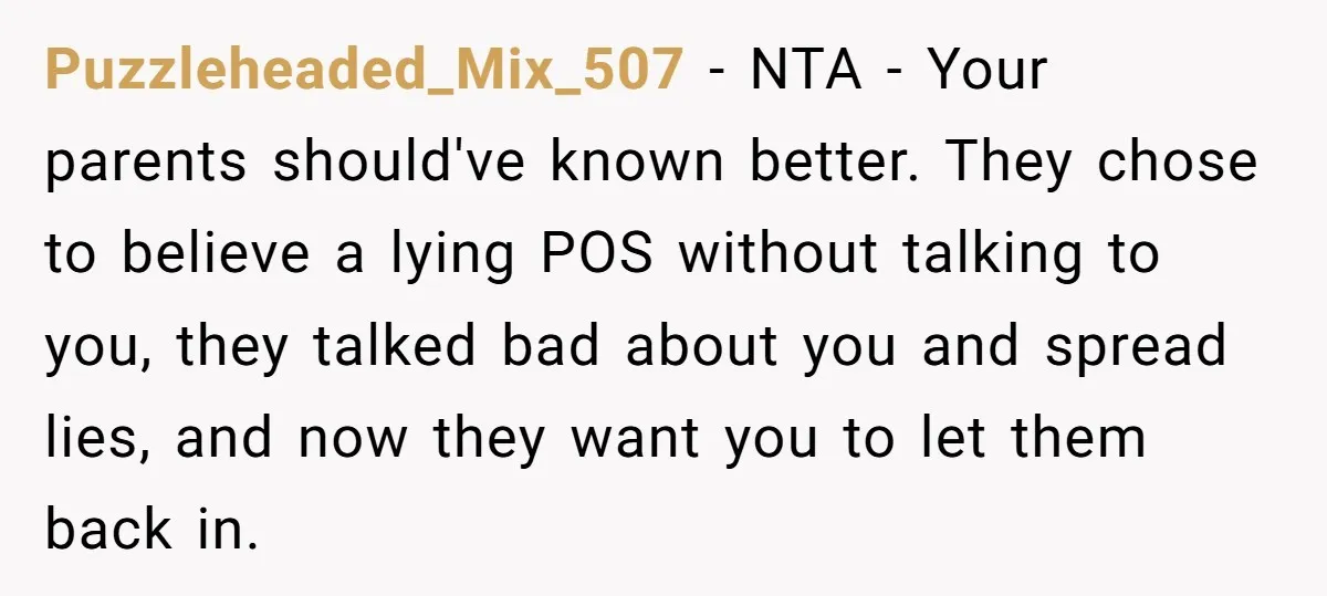 Puzzleheaded_Mix_507 - NTA - Your parents should've known better. They chose to believe a lying POS without talking to you, they talked bad about you and spread lies, and now...