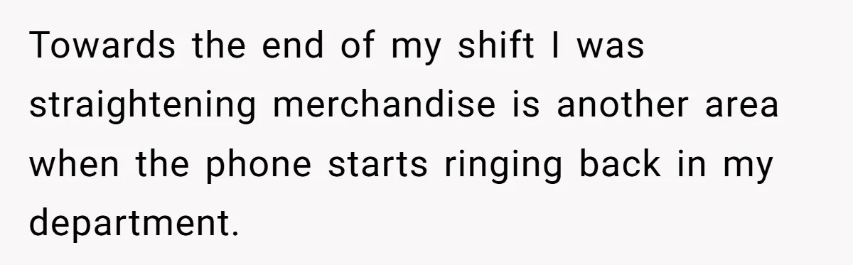 Towards the end of my shift I was straightening merchandise is another area when the phone starts ringing back in my department.