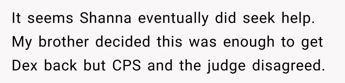 It seems Shanna eventually did seek help. My brother decided this was enough to get Dex back but CPS and the judge disagreed.