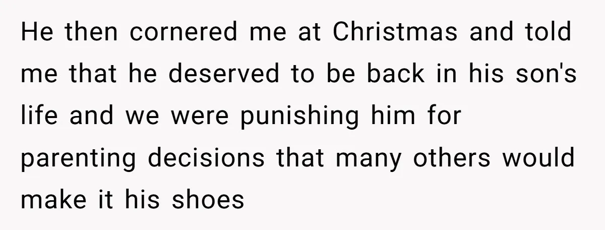 He then cornered me at Christmas and told me that he deserved to be back in his son's life and we were punishing him for parenting decisions that many others...