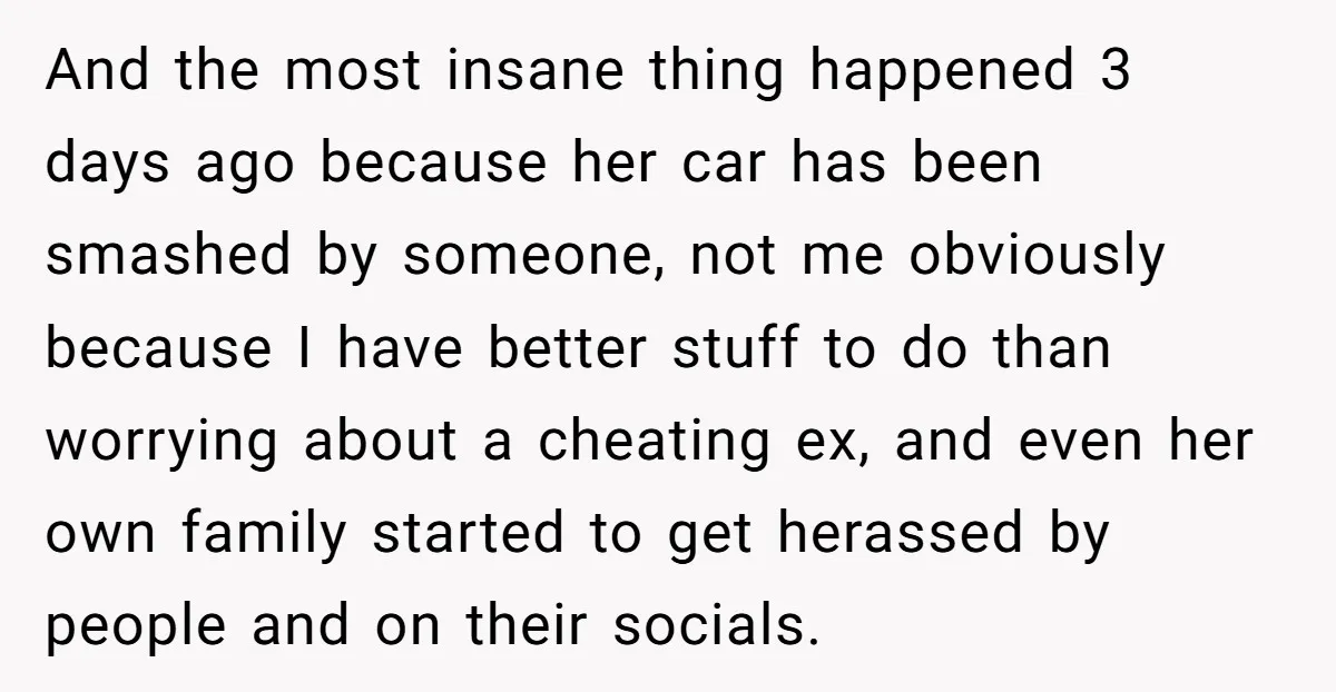 And the most insane thing happened 3 days ago because her car has been smashed by someone, not me obviously because I have better stuff to do than worrying about...