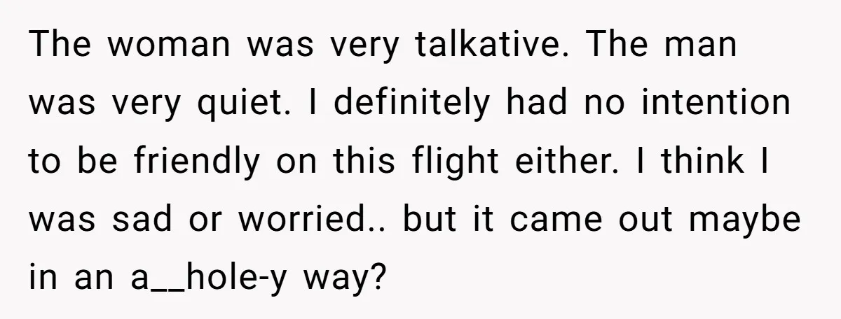 The woman was very talkative. The man was very quiet. I definitely had no intention to be friendly on this flight either. I think I was sad or worried.. but...