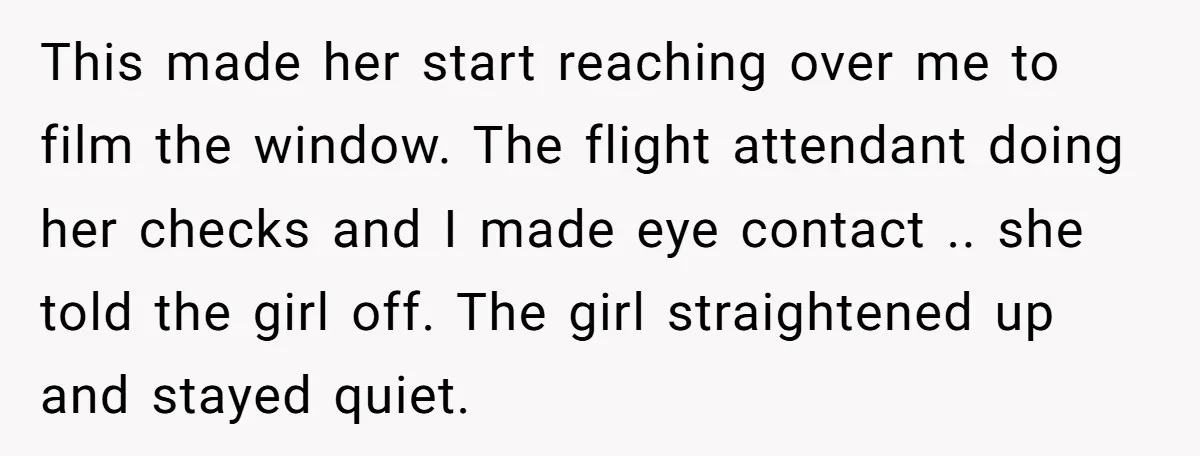 This made her start reaching over me to film the window. The flight attendant doing her checks and I made eye contact .. she told the girl off. The girl...