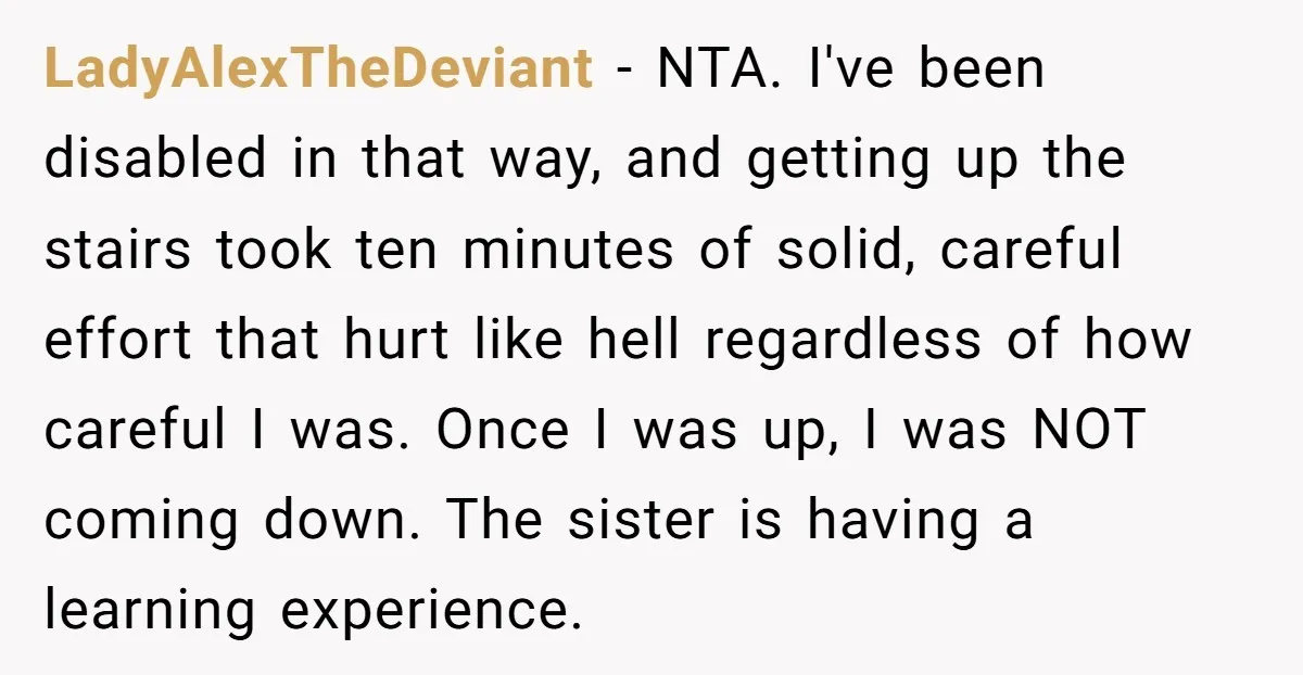 LadyAlexTheDeviant − NTA. I've been disabled in that way, and getting up the stairs took ten minutes of solid, careful effort that hurt like hell regardless of how careful I...