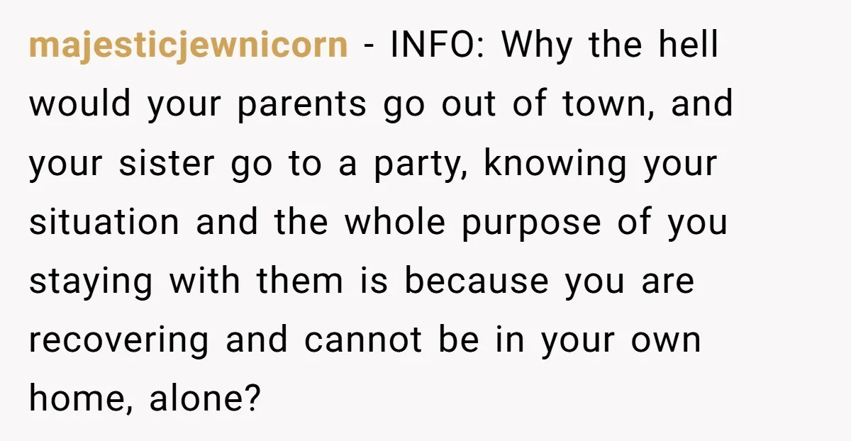 majesticjewnicorn − INFO: Why the hell would your parents go out of town, and your sister go to a party, knowing your situation and the whole purpose of you staying...