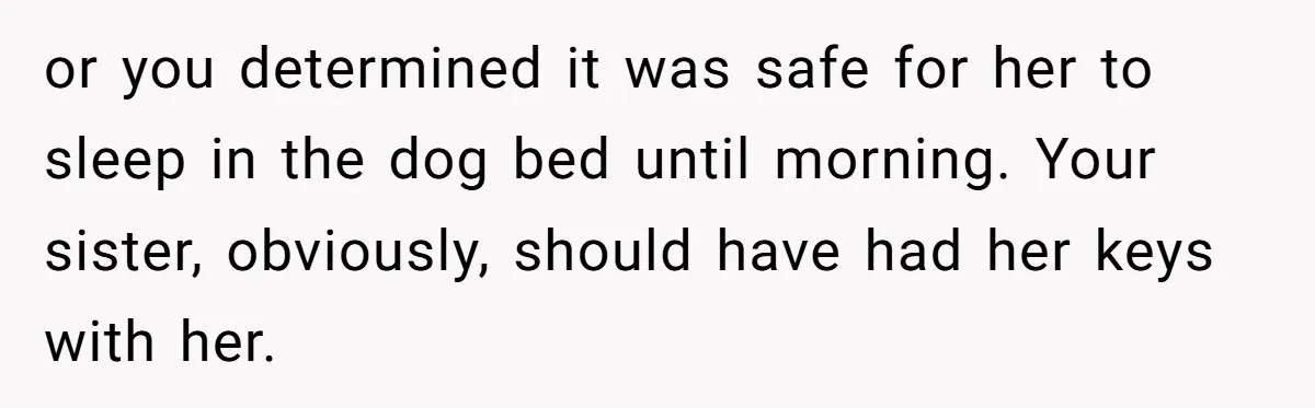 or you determined it was safe for her to sleep in the dog bed until morning. Your sister, obviously, should have had her keys with her.