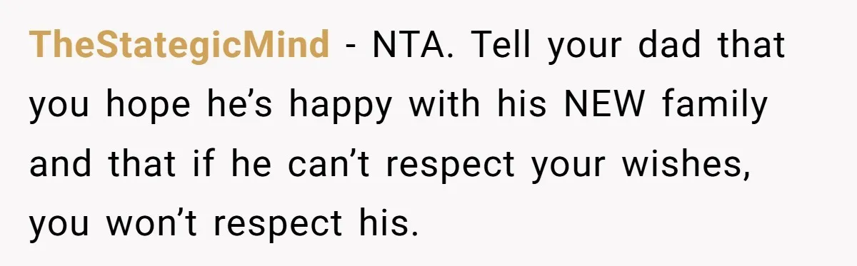 TheStategicMind − NTA. Tell your dad that you hope he’s happy with his NEW family and that if he can’t respect your wishes, you won’t respect his.